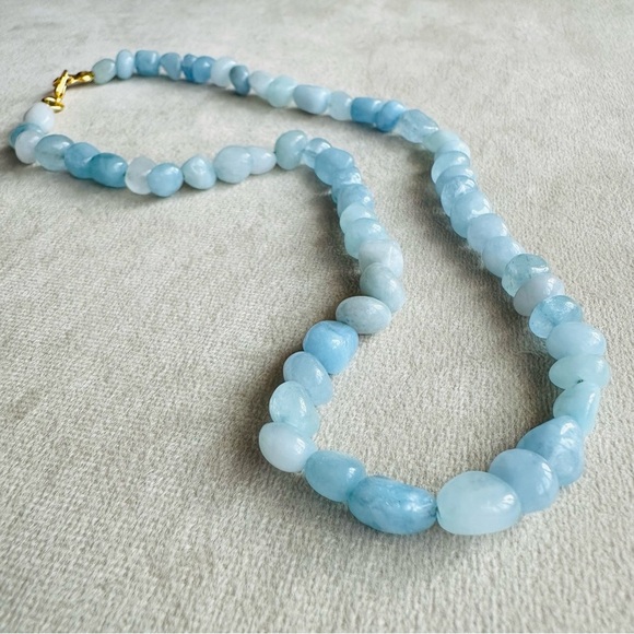 Aquamarine Beaded Necklace 14k Gold Plated Chain 18 Inch - Picture 17 of 17